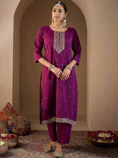 Dhiyona IE Women Ethnic Motifs Embroidered Regular Sequinned Kurta with Trousers & With Dupatta