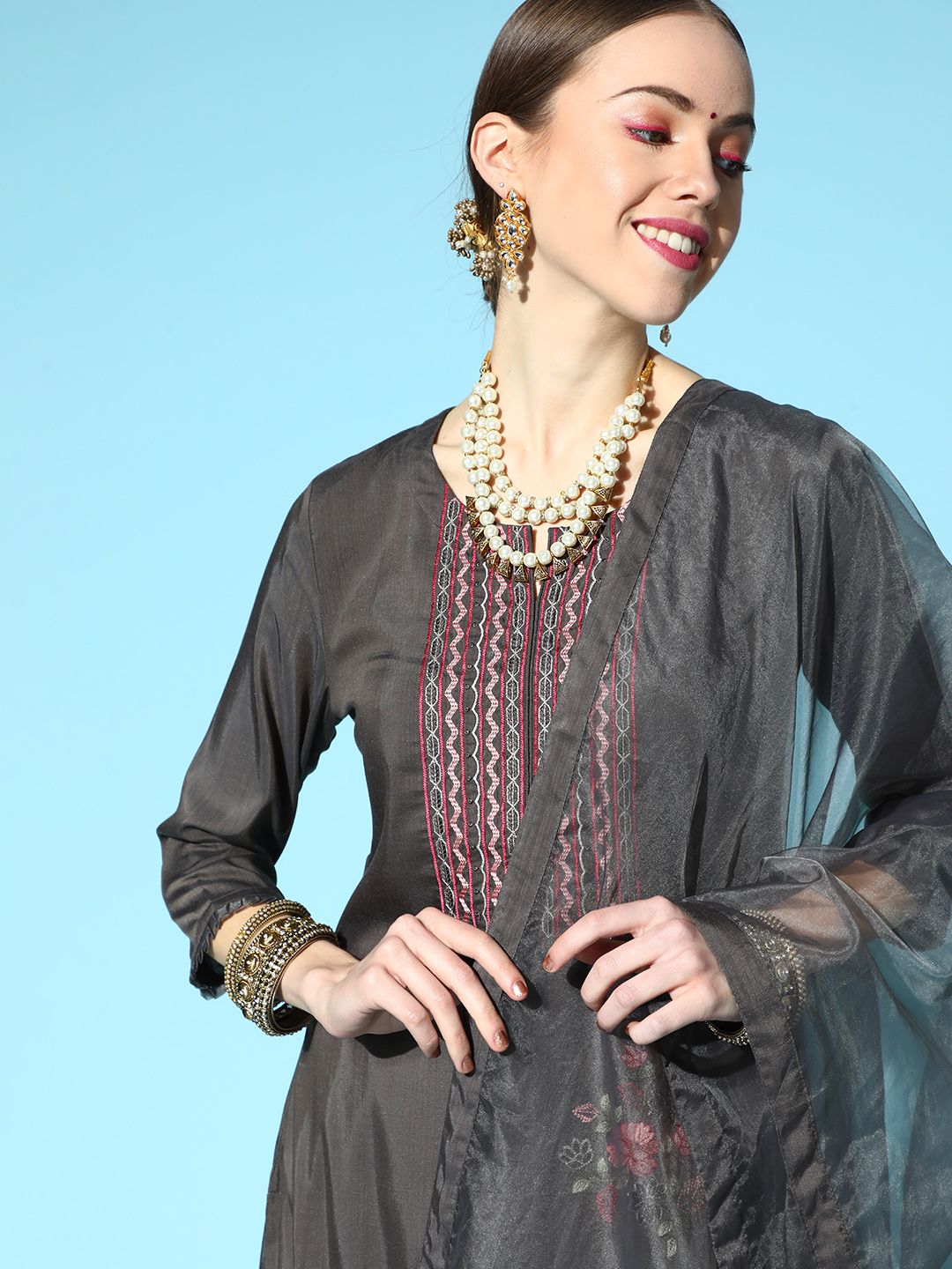 Charcoal Silk Blend Romantic Florals Kurta Set