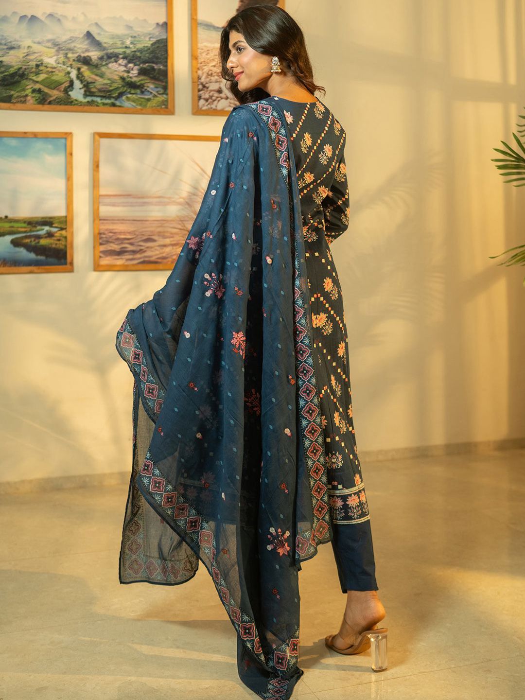 Dhiyona IE Floral Printed Beads & Stones Pure Cotton A-Line Kurta With Trousers & Dupatta