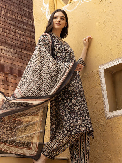 Dhiyona IS Women's Kalamkari Embellished Cotton Kurta with Afghani Pants & Flowy Mulmul Dupatta