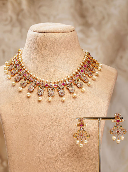 Dhiyona RJ Women's 22K Gold Plated Ruby Pink, Emerald & Cubic Zirconia Studded Jewellery Set