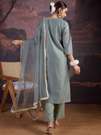 Dhiyona PD Women Floral Woven Design Straight Kurta With Trousers & Dupatta