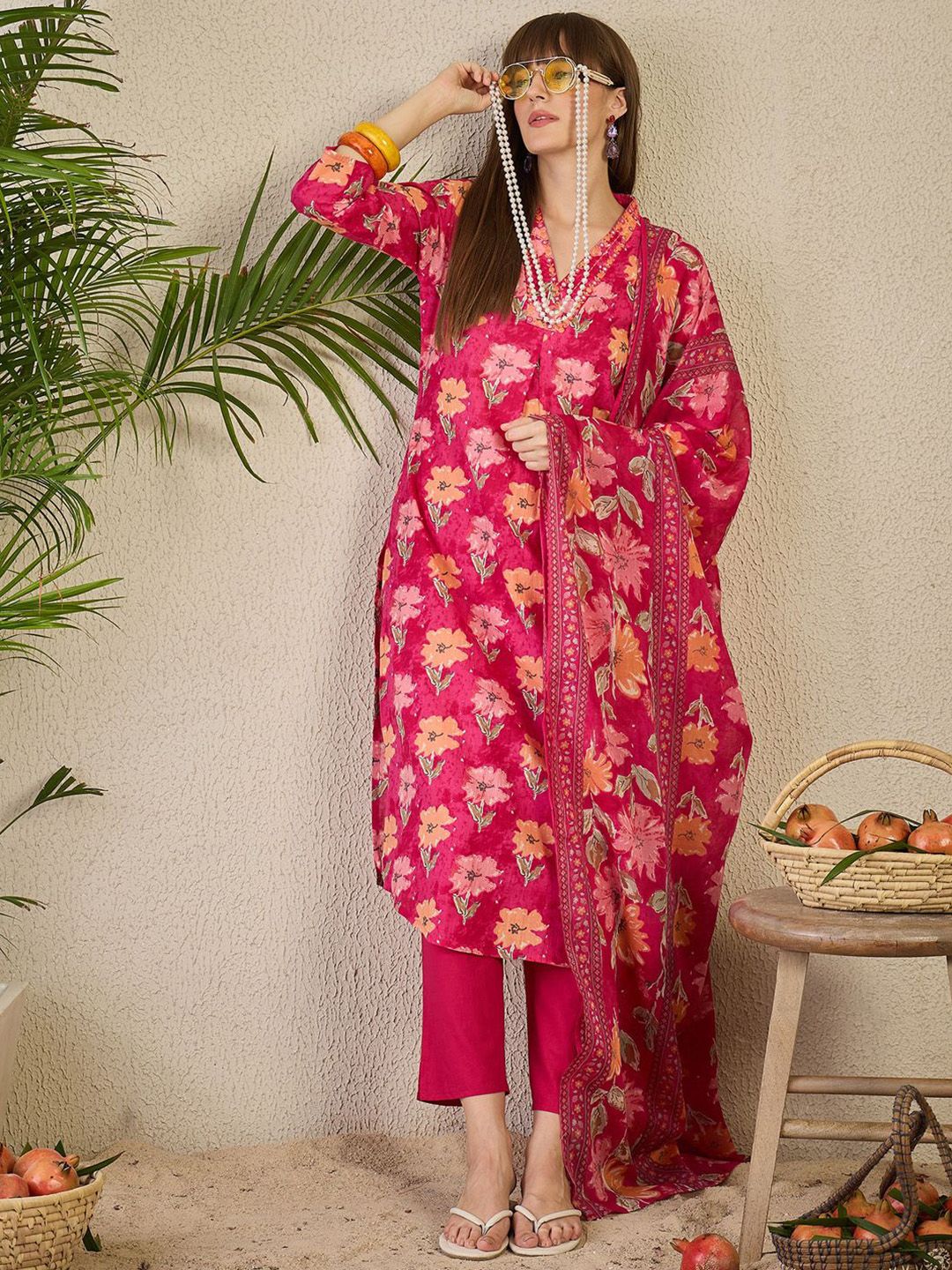 Dhiyona IE Women's Floral Printed Pleated Mirror Work Pure Cotton Kurta with Trousers & Dupatta