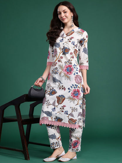 Dhiyona IE Floral Printed Regular Pure Cotton Kurta with Trousers