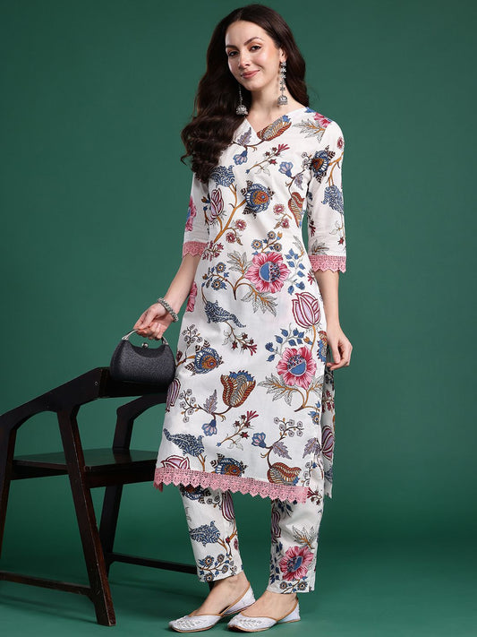 Dhiyona IE Floral Printed Regular Pure Cotton Kurta with Trousers