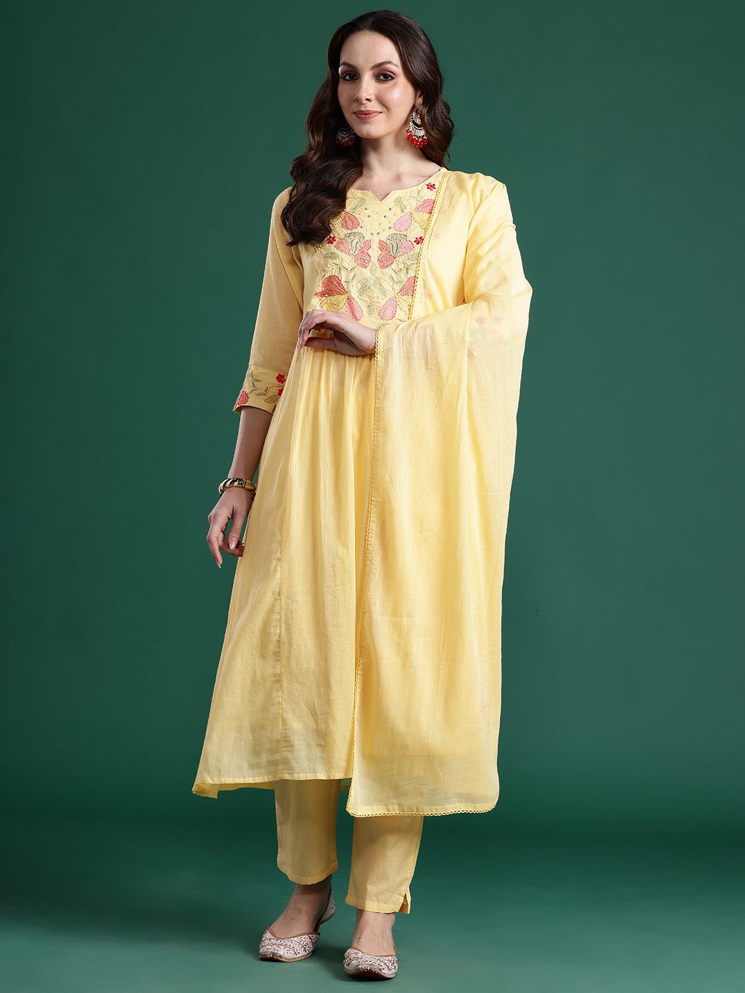 Floral Embroidered Pure Cotton Kurta with Trousers & Dupatta