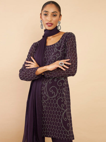 Dhiyona SO Women's Women Purple Floral Embroidered Beads and Stones Kurta with Sharara & With Dupatta