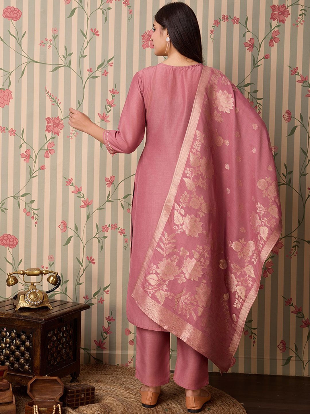 Dhiyona OD  Floral Yoke Design Regular Mirror Work Kurta & Trousers & Dupatta