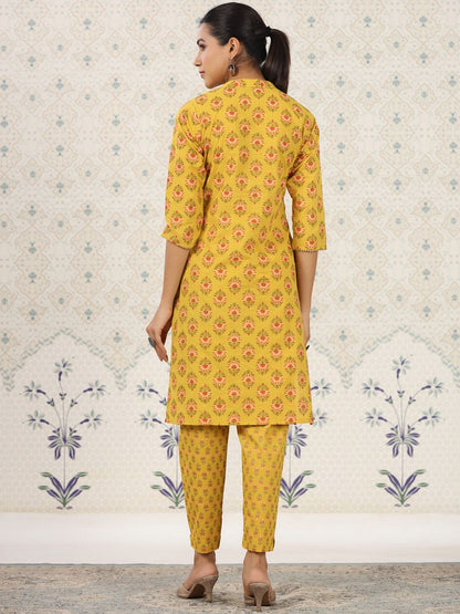 Dhiyona OD  Ethnic Motifs Printed Band Collar Pure Cotton Kurta with Trousers