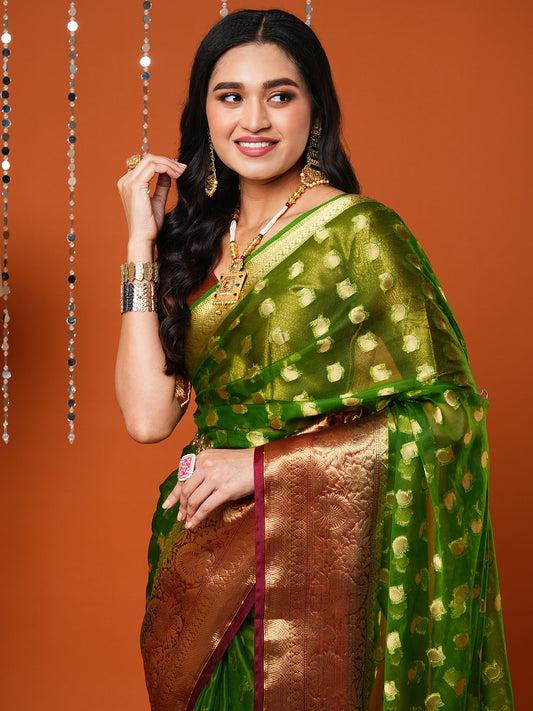 Women's Organza Green Woven Design Designer Saree With Blouse Piece