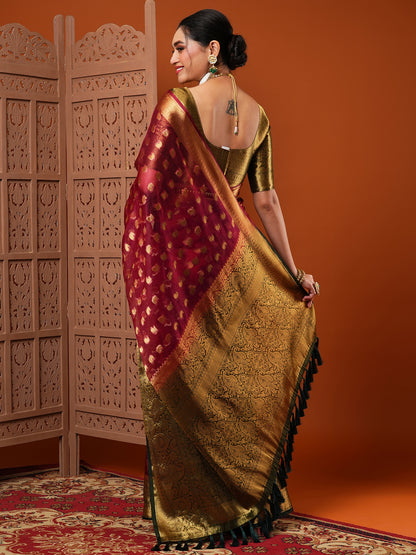 Women's Organza Burgundy Woven Design Designer Saree With Blouse Piece