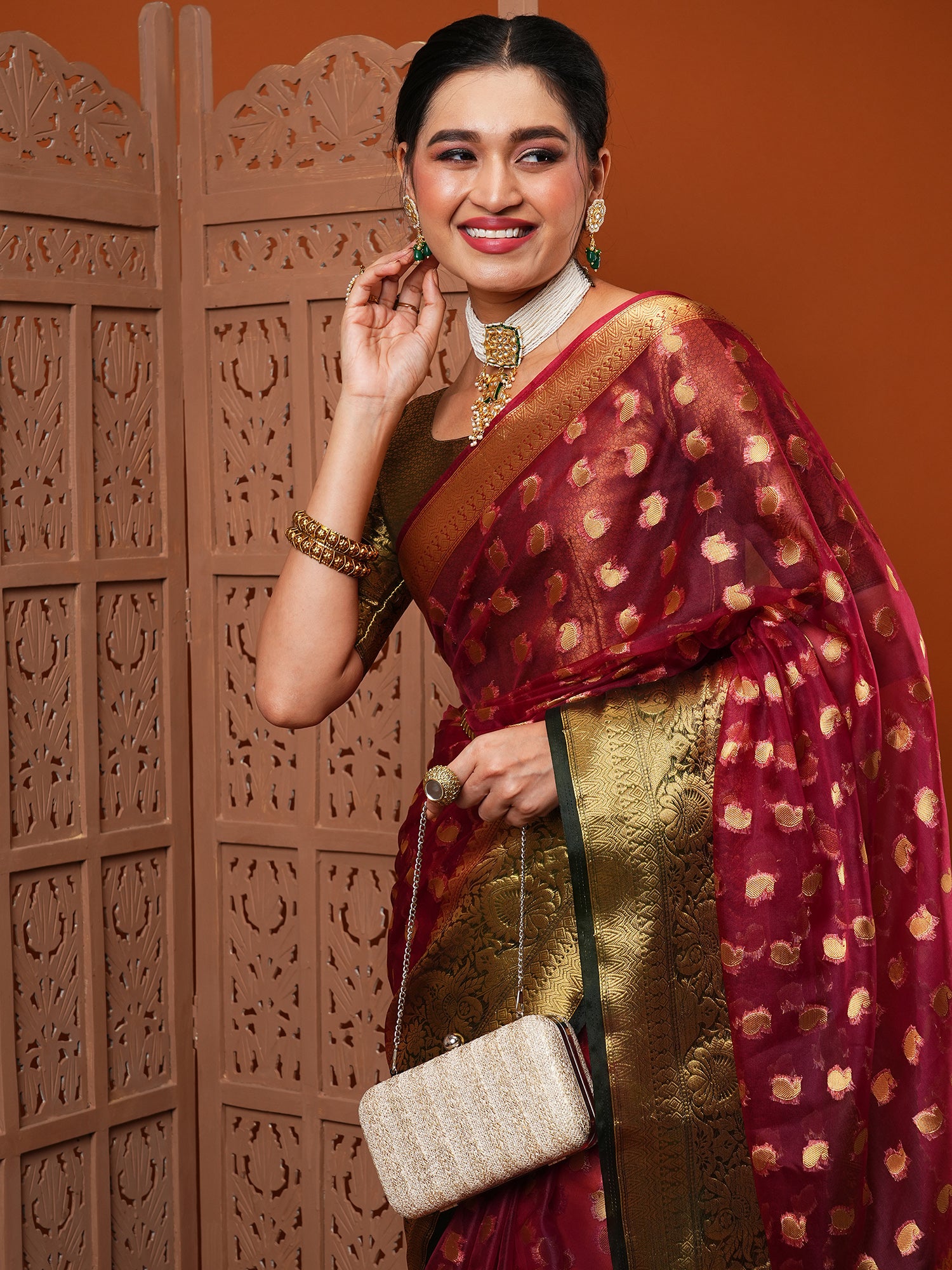 Women's Organza Burgundy Woven Design Designer Saree With Blouse Piece