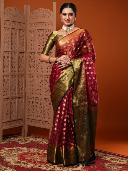 Women's Organza Burgundy Woven Design Designer Saree With Blouse Piece