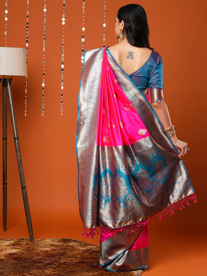 Women's Silk Blend Pink Woven Design Designer Saree With Blouse Piece