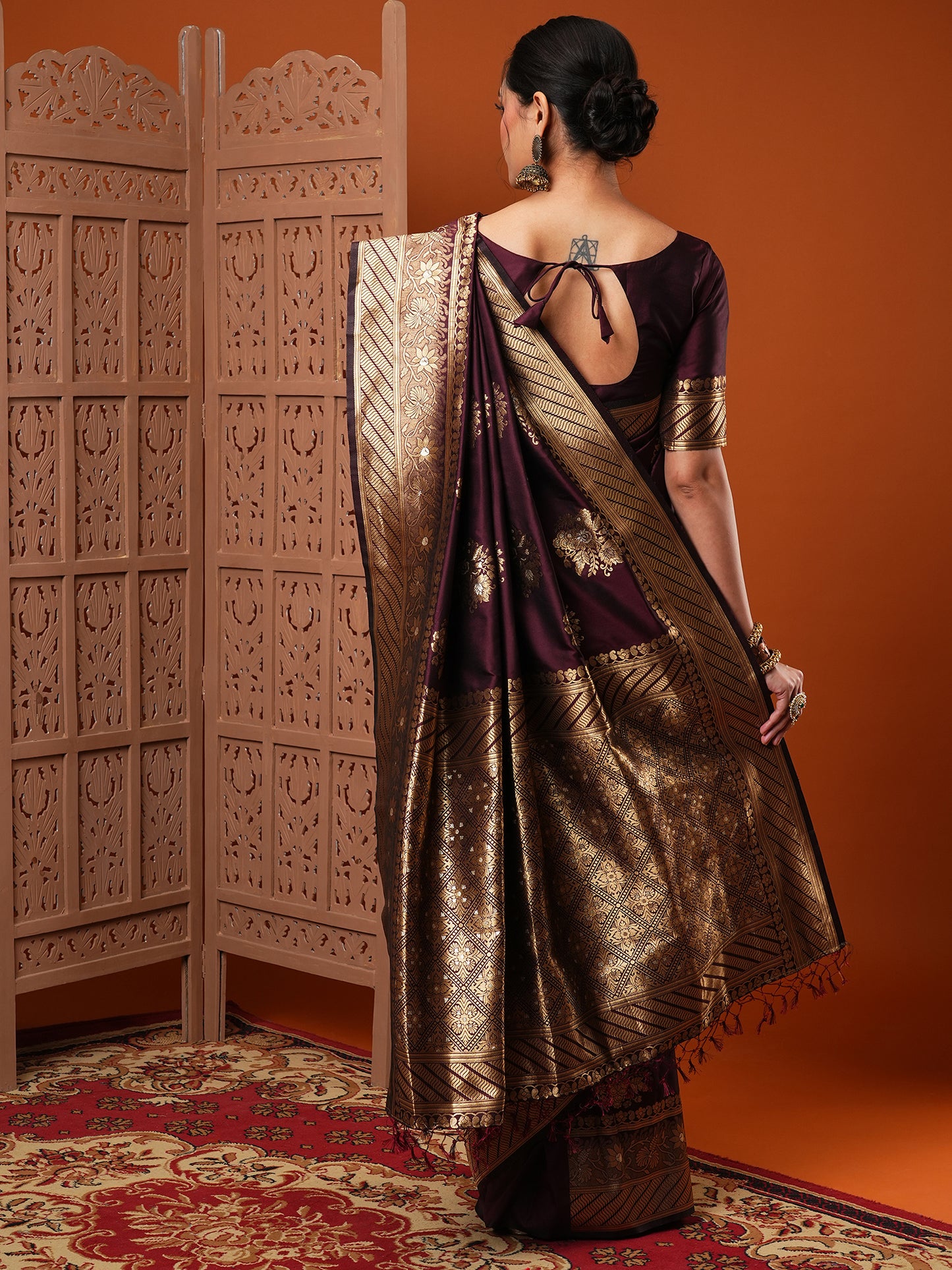 Women's Silk Blend Burgundy Woven Design Designer Saree With Blouse Piece