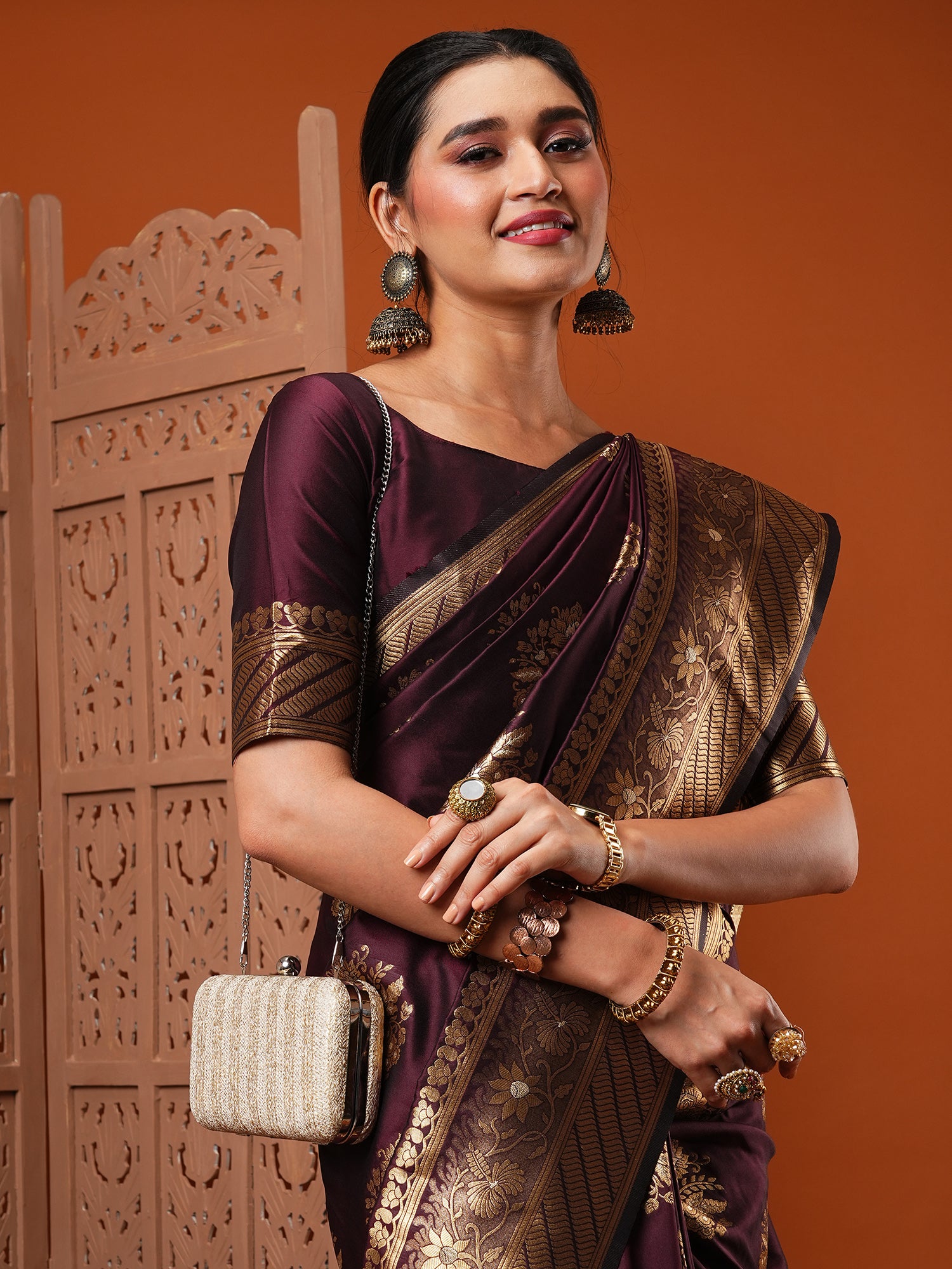 Women's Silk Blend Burgundy Woven Design Designer Saree With Blouse Piece
