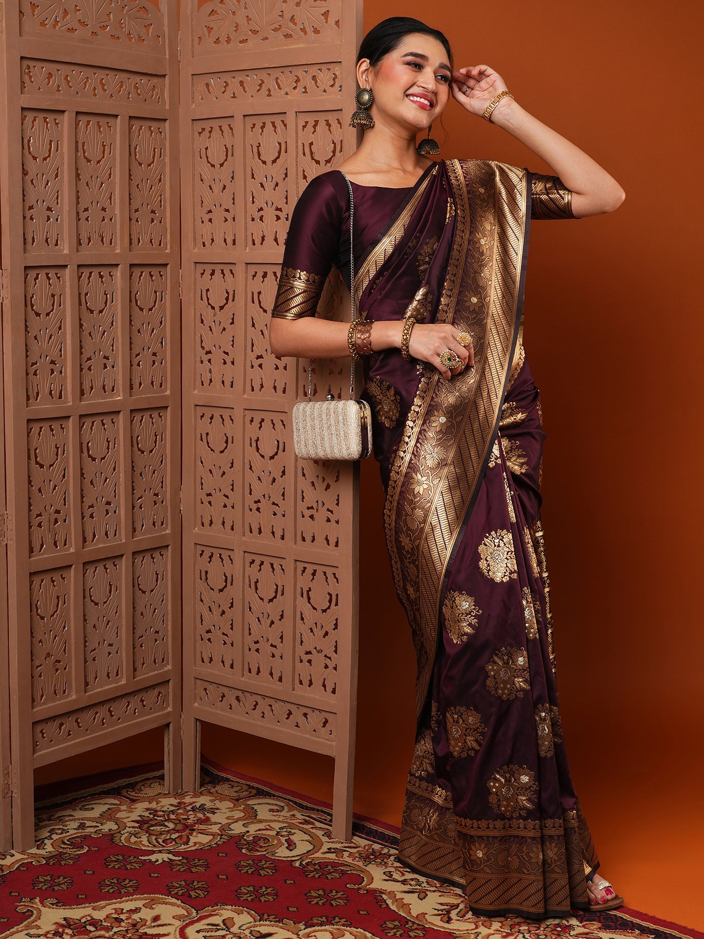 Women's Silk Blend Burgundy Woven Design Designer Saree With Blouse Piece