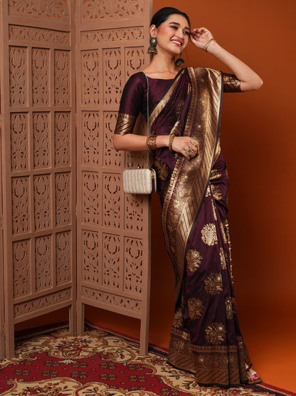 Women's Silk Blend Burgundy Woven Design Designer Saree With Blouse Piece