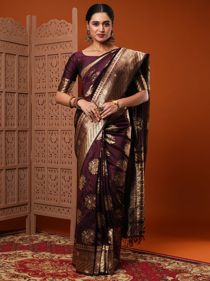 Women's Silk Blend Burgundy Woven Design Designer Saree With Blouse Piece