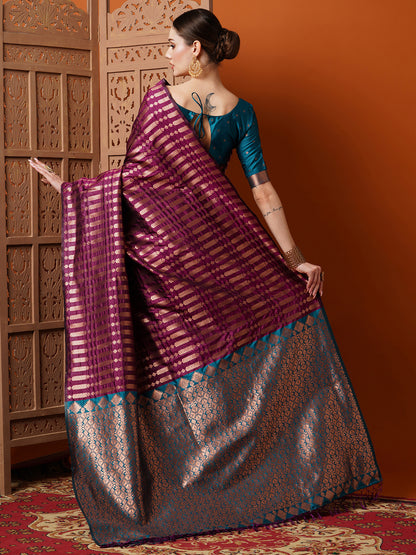 Women's Silk Blend Magenta Woven Design Designer Saree With Blouse Piece