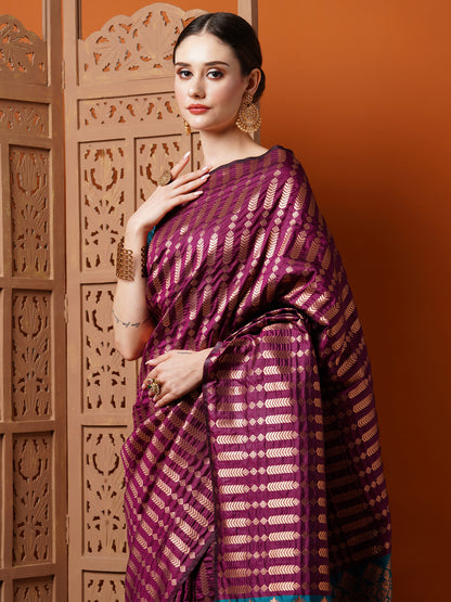 Women's Silk Blend Magenta Woven Design Designer Saree With Blouse Piece