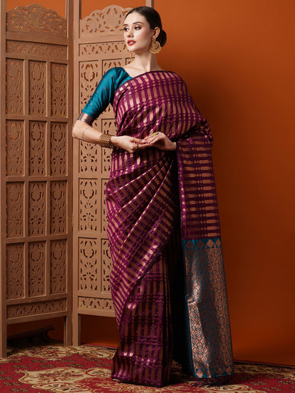 Women's Silk Blend Magenta Woven Design Designer Saree With Blouse Piece