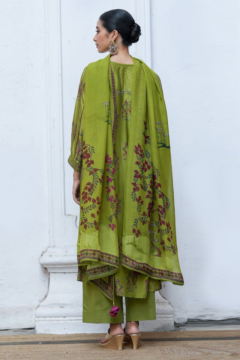 Women's Henna Green Raw Silk Salwar Suit With Organza Dupatta