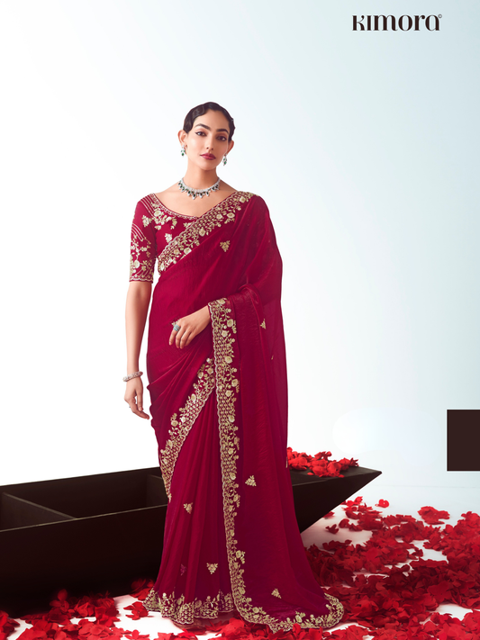 Dhiyona KM Women Red Organza Silk Saree
