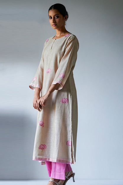 Women's Beige and Pink Woven Viscose Chanderi Kurta Suit Set With Delicate Hand Work Detailing