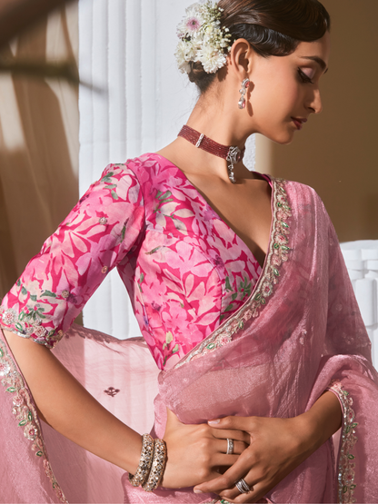 Dhiyona KM Women Light Pink Organza Saree: Effortless Elegance For Every Occasion