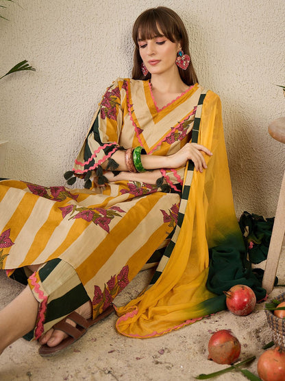 Floral Printed Pure Cotton Kurta with Trousers & Dupatta