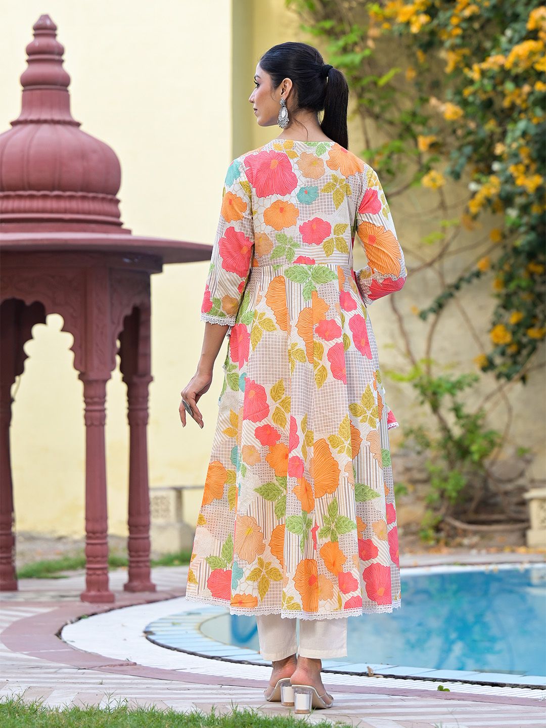 Dhiyona IS Women's Floral Printed Angrakha Beads and Stones Anarkali Kurta With Trouser & Dupatta