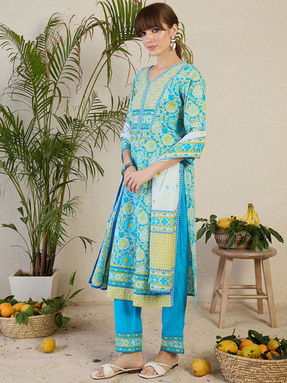 Women Floral Printed Cotton Kurta with Trousers & Dupatta