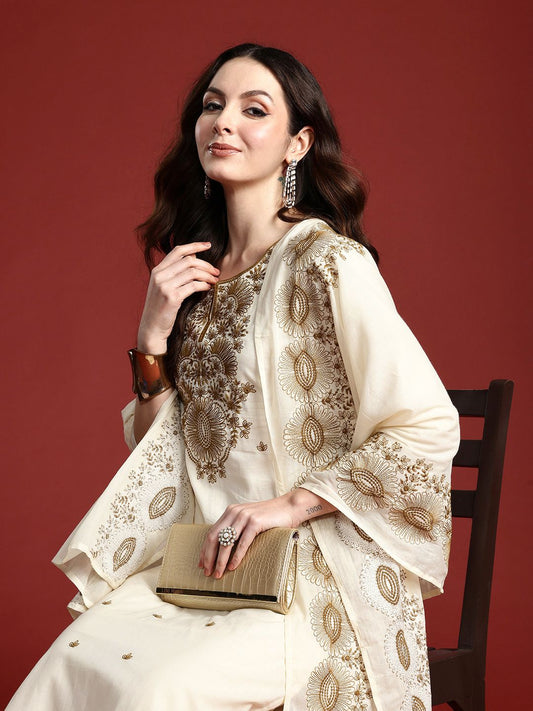 Dhiyona IE Floral Embroidered Thread Work Pure Cotton Kurta with Trousers & Dupatta