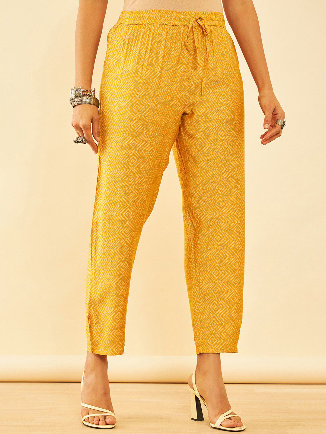 Dhiyona SO Women's Mustard Yellow Floral Printed Sequinned A-Line Kurta with Trousers & Dupatta