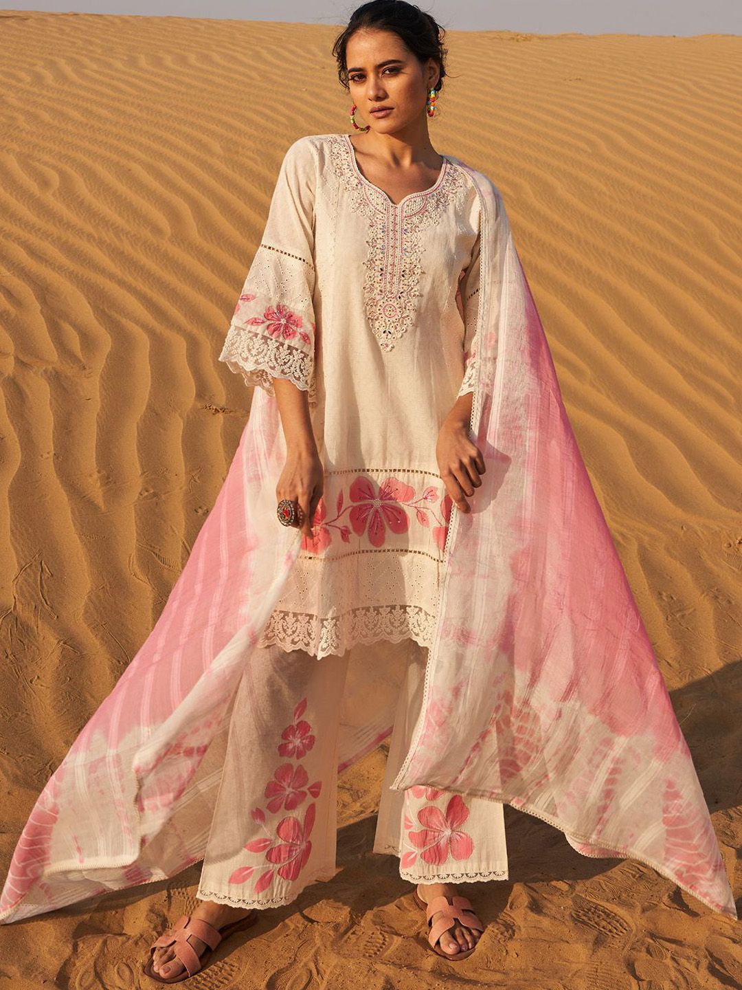 Floral Embroidered Mirror Work Panelled Pure Cotton Kurta With Palazzos & Dupatta