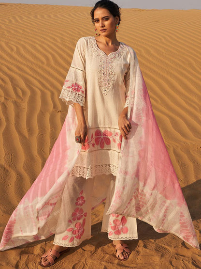 Floral Embroidered Mirror Work Panelled Pure Cotton Kurta With Palazzos & Dupatta