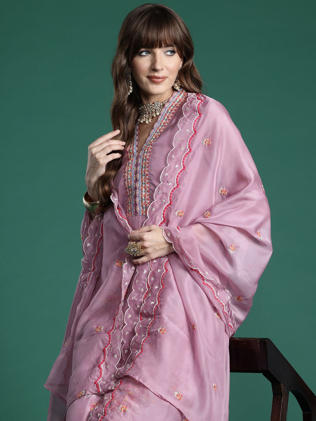 Floral Embroidered Thread Work Kurta with Trousers & With Dupatta