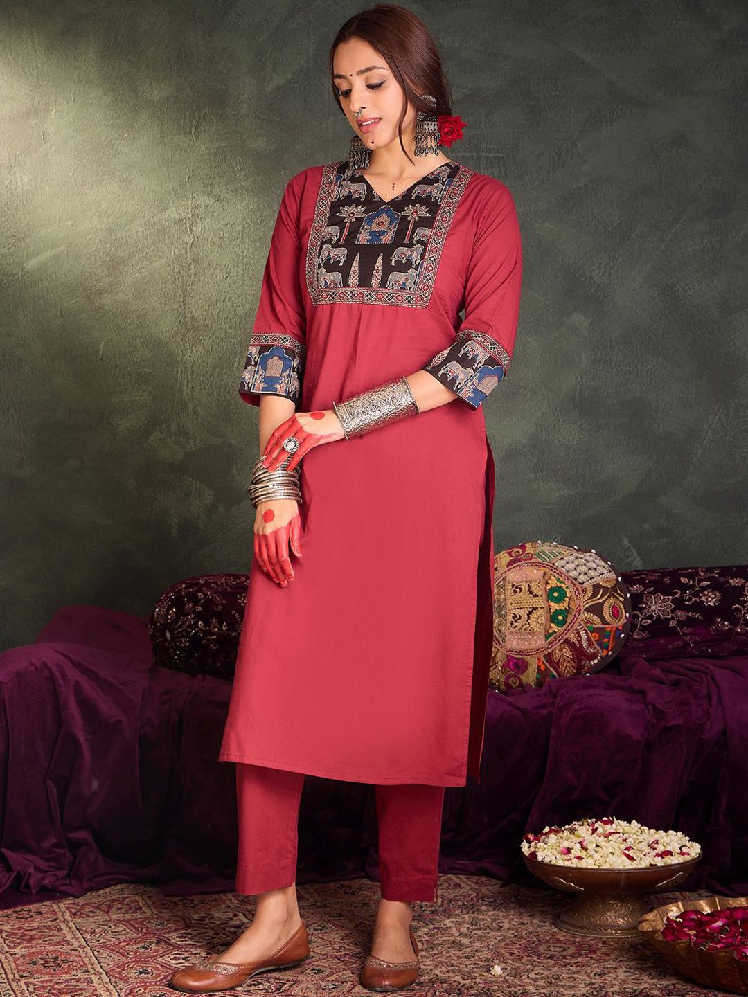 Ethnic Motifs Yoke Design Pure Cotton Straight Kurta With Trousers & Dupatta