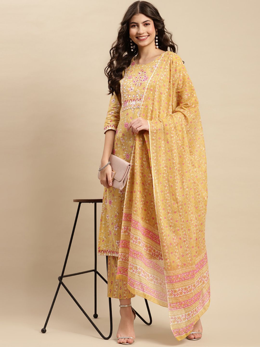 Dhiyona SN Women's Yellow & Pink Floral Printed Pure-Cotton Straight Kurta With Trouser & Dupatta
