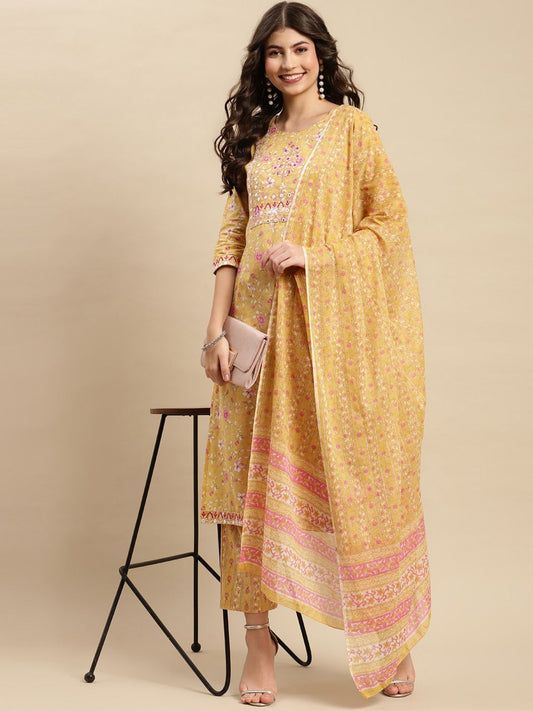 Dhiyona SN Women's Yellow & Pink Floral Printed Pure-Cotton Straight Kurta With Trouser & Dupatta