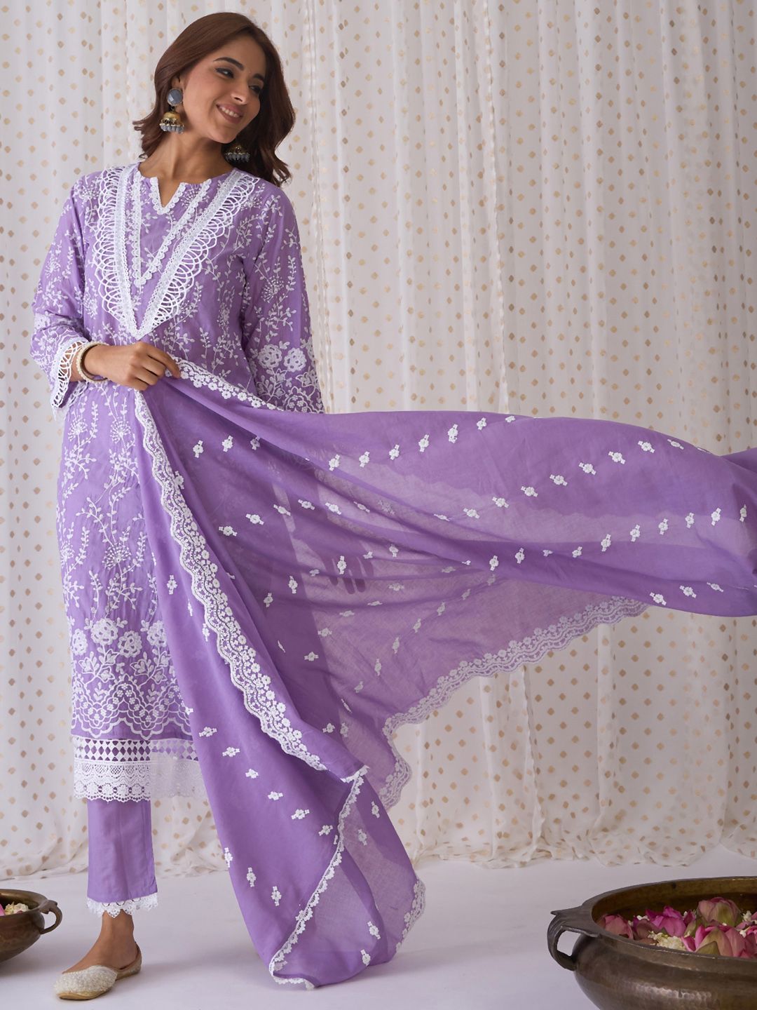 Dhiyona IE Floral Embroidered Round Neck Pure Cotton Straight Kurta with Trousers & Dupatta