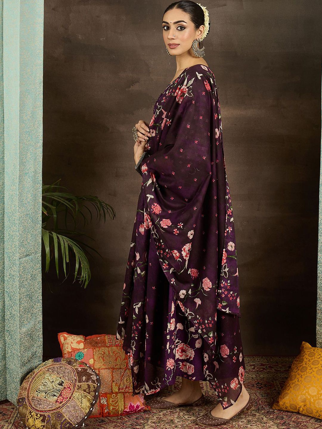 Floral Printed Pure Cotton Anarkali Kurta With Trousers & Dupatta