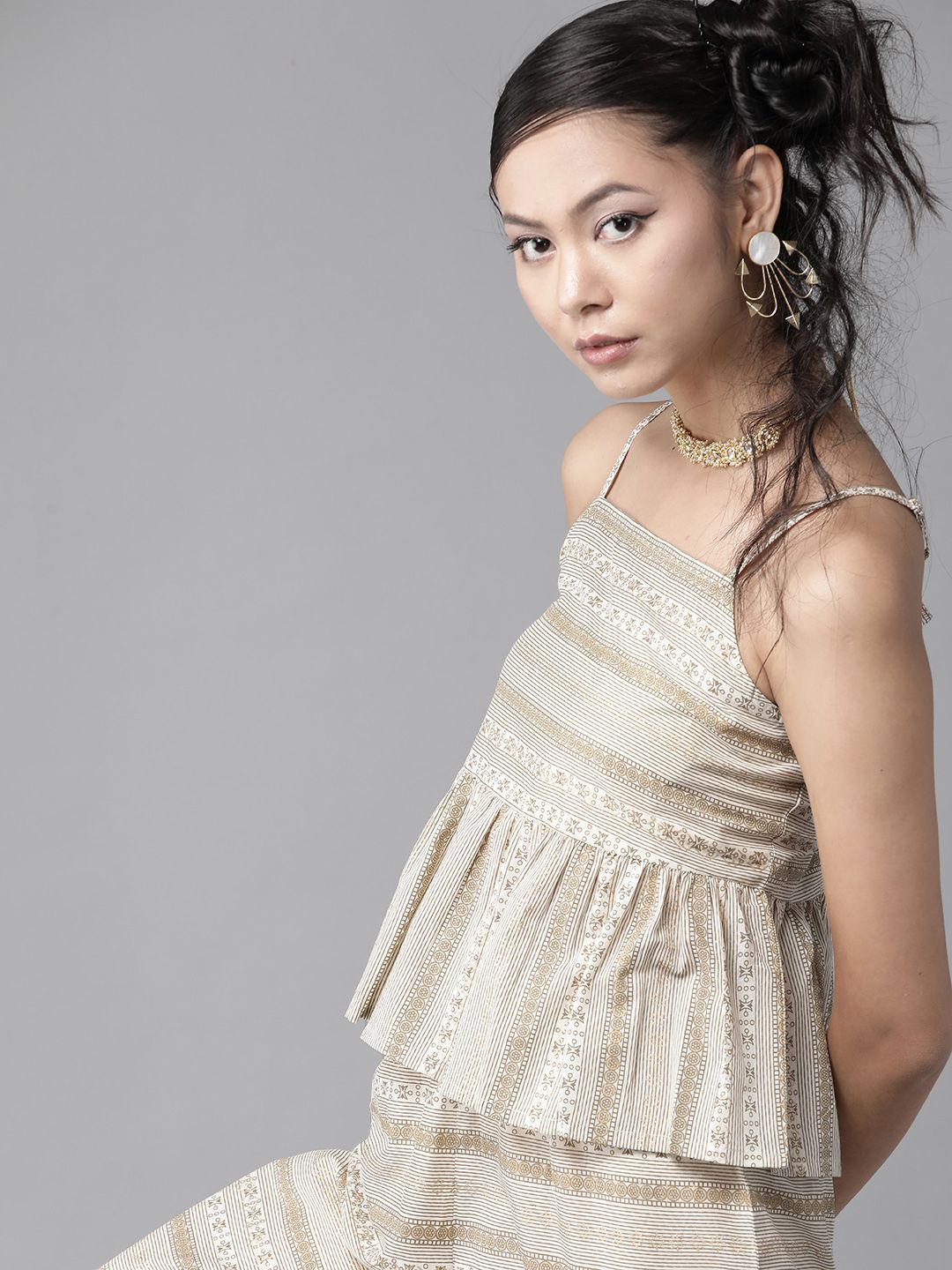 Dhiyona IE Women Off-White & Beige Printed Pure Cotton A-line Top with Trousers