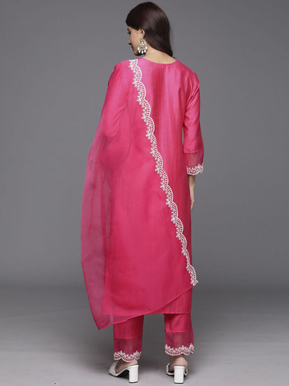 Ethnic Motifs Yoke Design Straight Thread Work Liva Kurta with Trousers & Dupatta