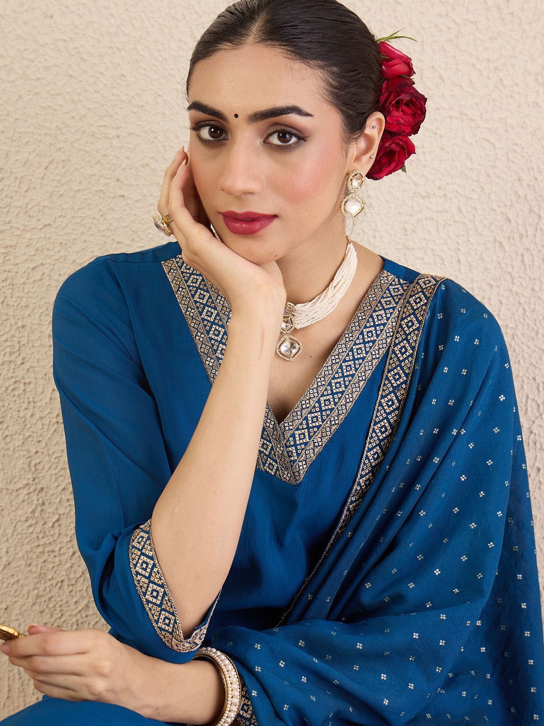 Dhiyona IE Ethnic Motifs Embroidered Regular V-Neck Straight Kurta With Trousers & Dupatta