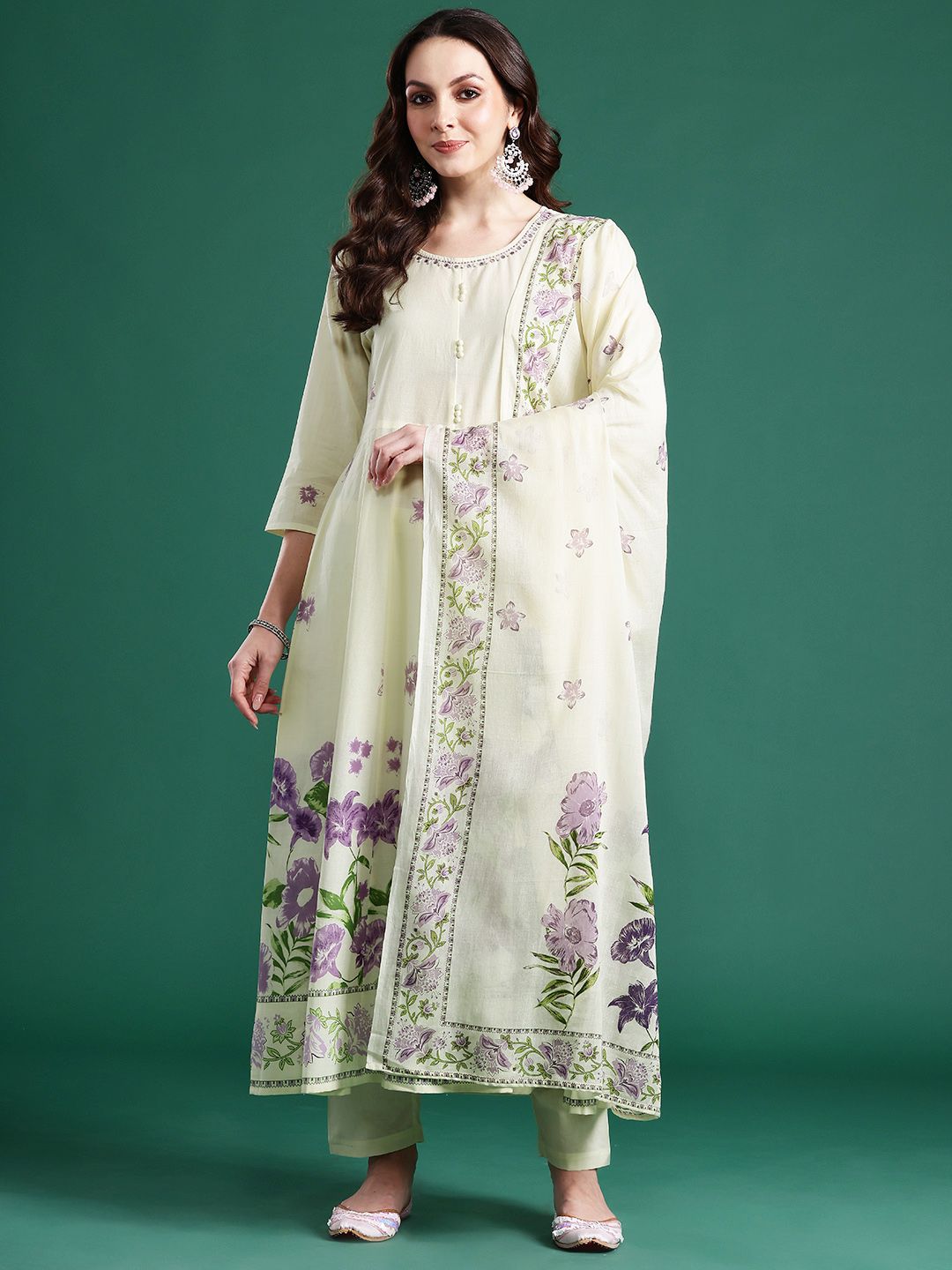 Floral Printed Beads & Stones Pure Cotton Kurta With Trousers & Dupatta