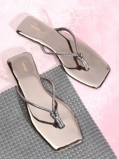 Dhiyona AK Silver-Toned Knotted Textured Open Toe Flats
