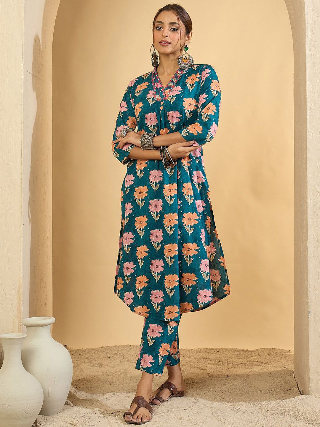 Women Floral Printed Pleated Mirror Work Pure Cotton Kurta & Trousers