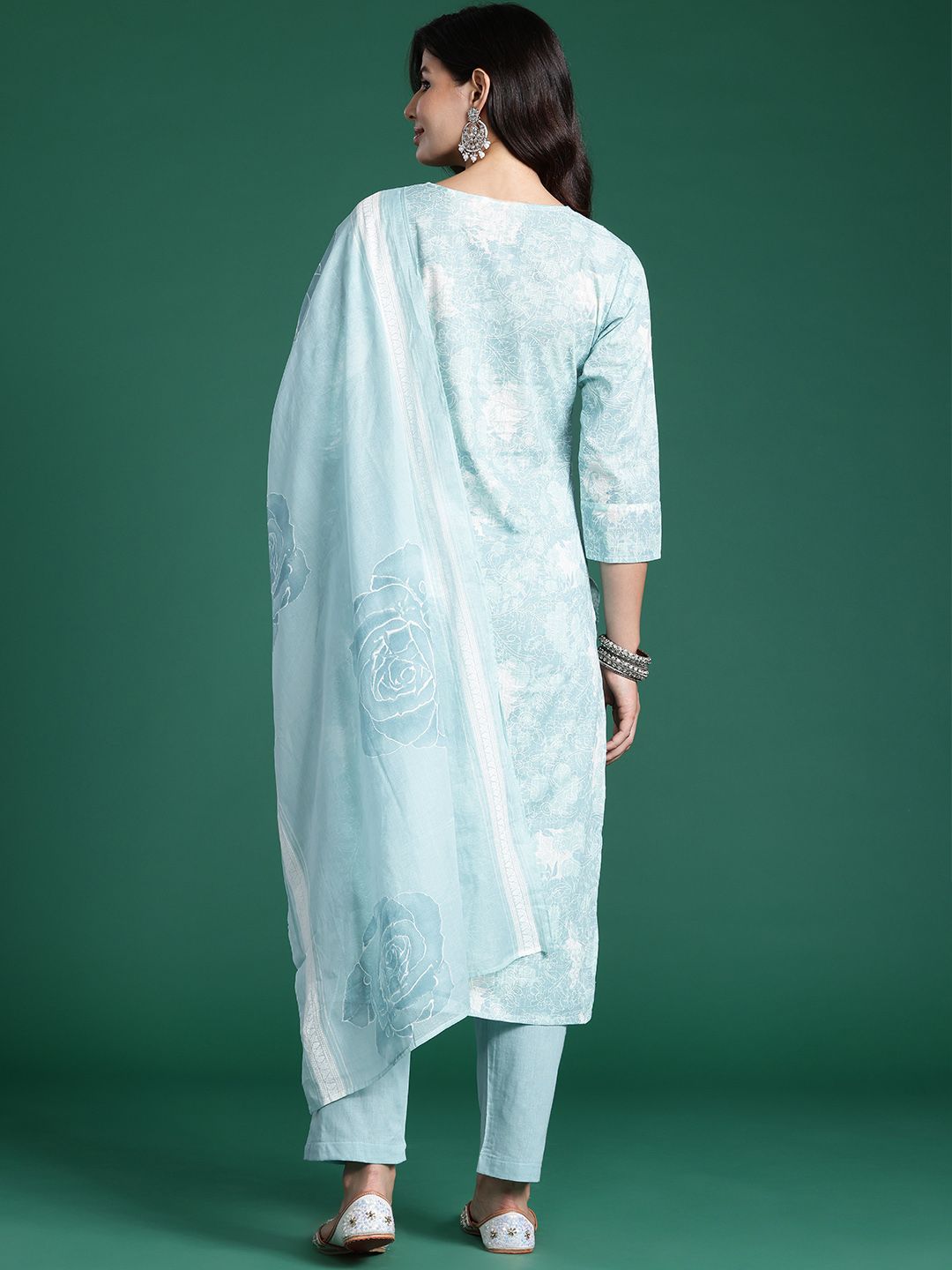 Floral Printed Thread Work Pure Cotton Kurta With Trousers & Dupatta